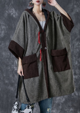 Grau Patchwork Warme Fleece Cord Trenchcoat Mit Kapuze Taschen Frühling