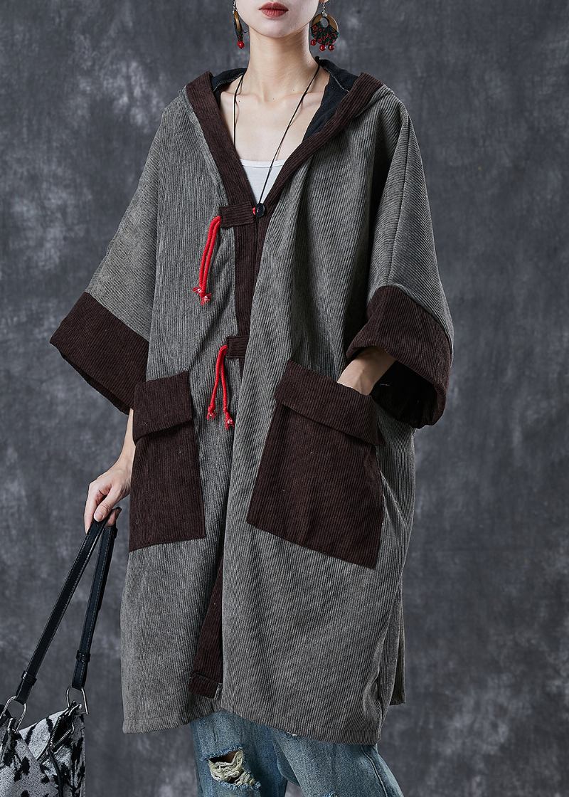 Grau Patchwork Warme Fleece Cord Trenchcoat Mit Kapuze Taschen Frühling - Damen-Trenchcoats