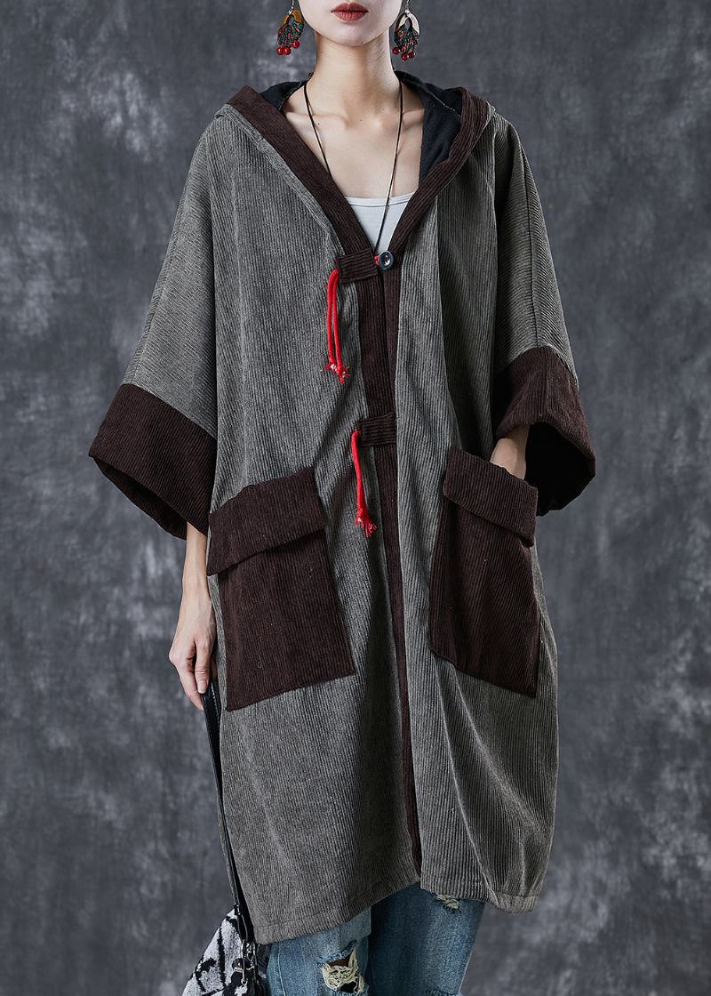 Grau Patchwork Warme Fleece Cord Trenchcoat Mit Kapuze Taschen Frühling - Damen-Trenchcoats