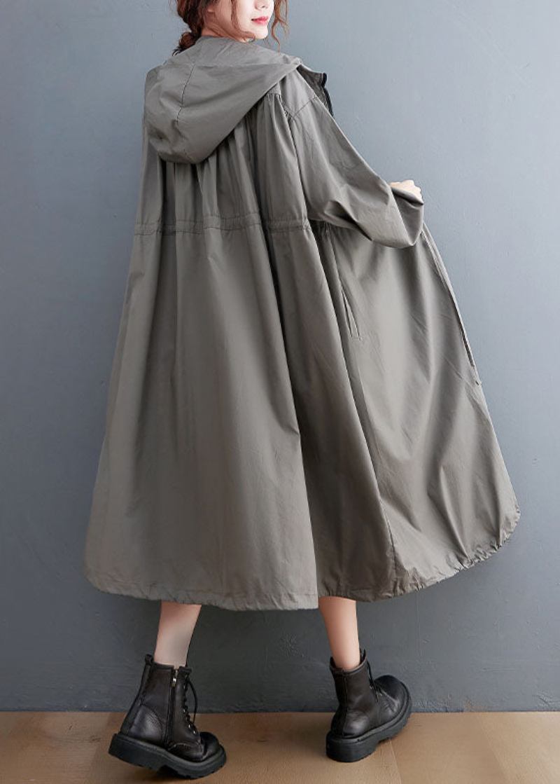 Grau Übergroßen Baumwolle Trenchcoat Mit Kapuze Kordelzug Frühling - Damen-Trenchcoats