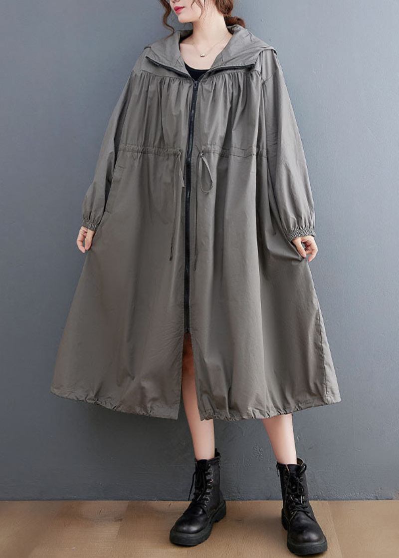 Grau Übergroßen Baumwolle Trenchcoat Mit Kapuze Kordelzug Frühling - Damen-Trenchcoats