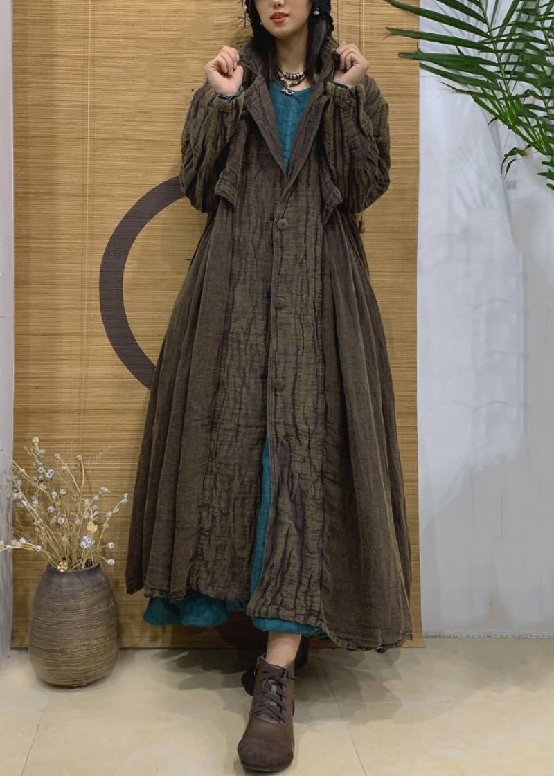 Grüner Langer Leinen-trenchcoat Mit Taschen Und Gekerbten Ärmeln - Damen-Trenchcoats