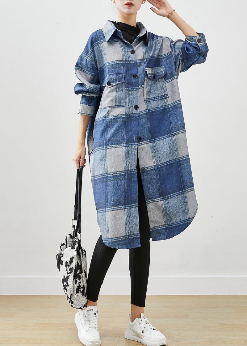 Handgemachte Blau Karierte Wollhemd Trenchcoats Herbst