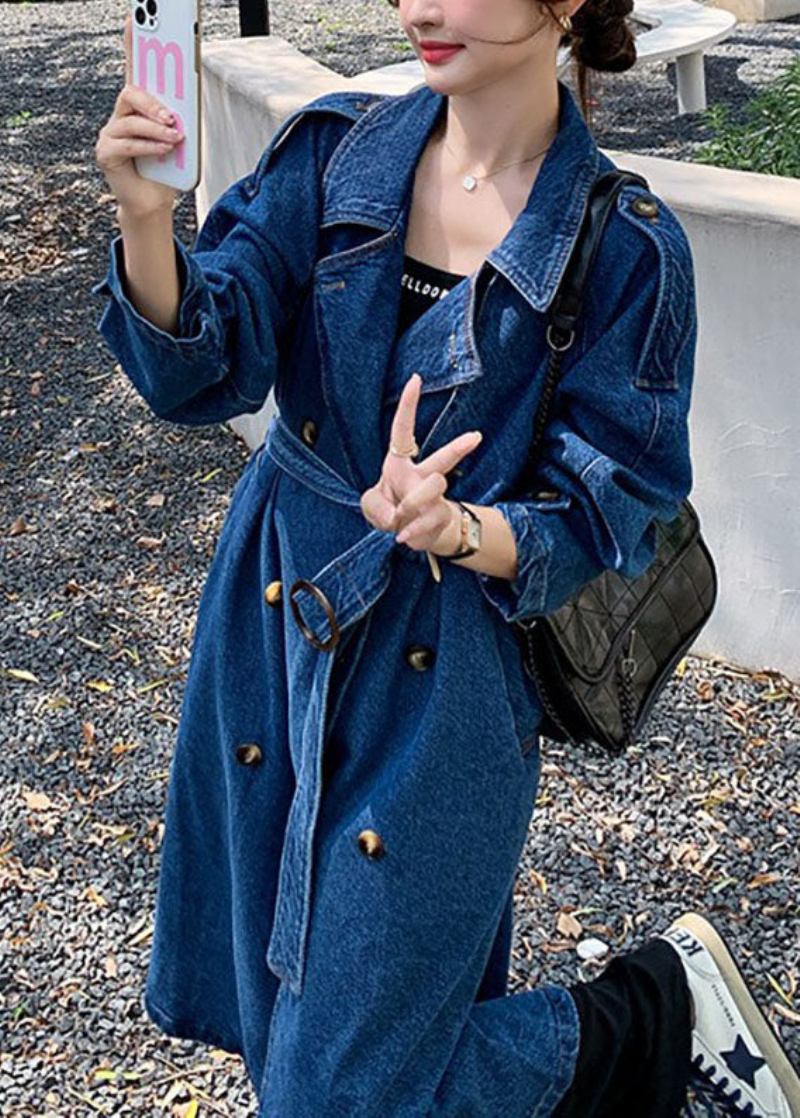 Handgemachte Blaue Taschen Krawatte Taille Patchwork Denim Trenchcoat Herbst - Damen-Trenchcoats