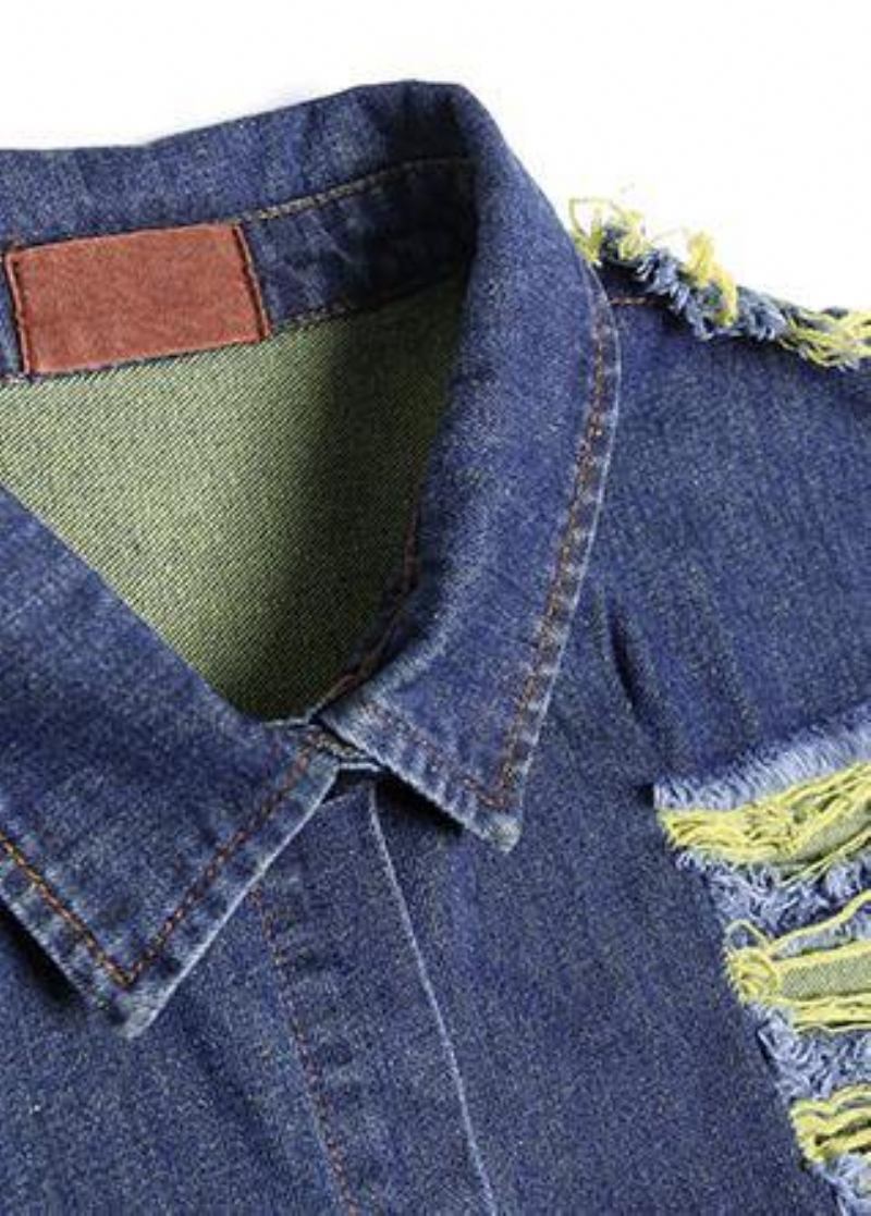 Handgemachte Jeansblaue Patchworkärmel Feine Mäntel Damen Fotografie Hollow Out Herbstmäntel - Damen-Trenchcoats