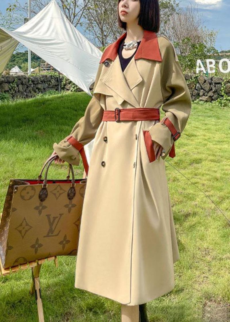 Handgemachte Khaki Taschen Patchwork Knopf Herbst Krawatte Taille Langarm Mantel Trenchcoats - Damen-Trenchcoats