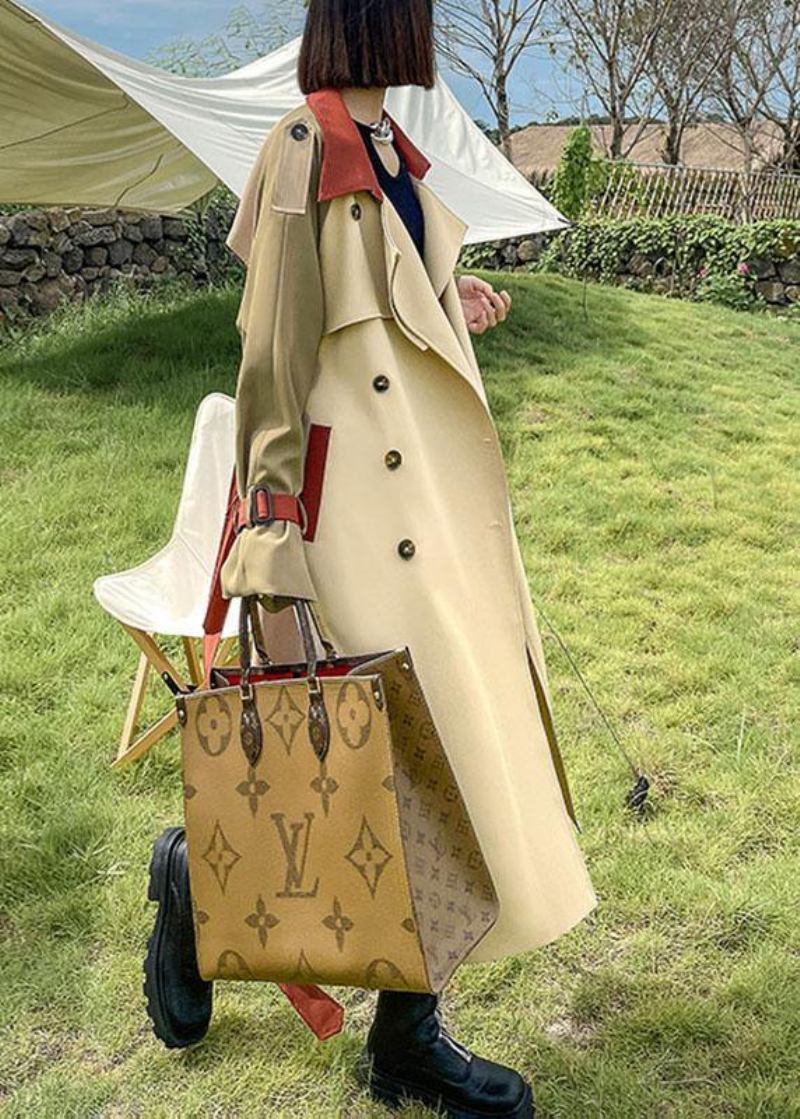 Handgemachte Khaki Taschen Patchwork Knopf Herbst Krawatte Taille Langarm Mantel Trenchcoats - Damen-Trenchcoats