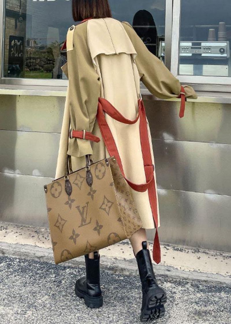 Handgemachte Khaki Taschen Patchwork Knopf Herbst Krawatte Taille Langarm Mantel Trenchcoats - Damen-Trenchcoats