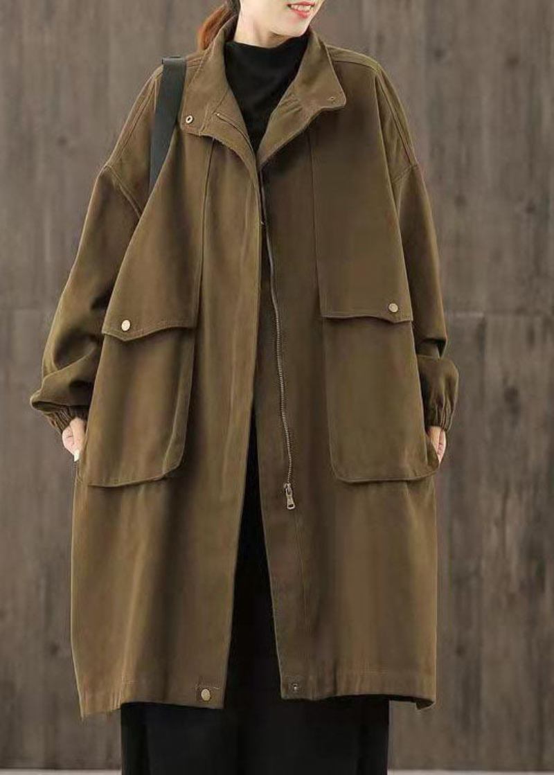 Handgemachte Schokoladenbraune Lässige Trenchcoats Mit Reißverschlusstaschen Und Patchwork-muster Für Den Herbst - Damen-Trenchcoats