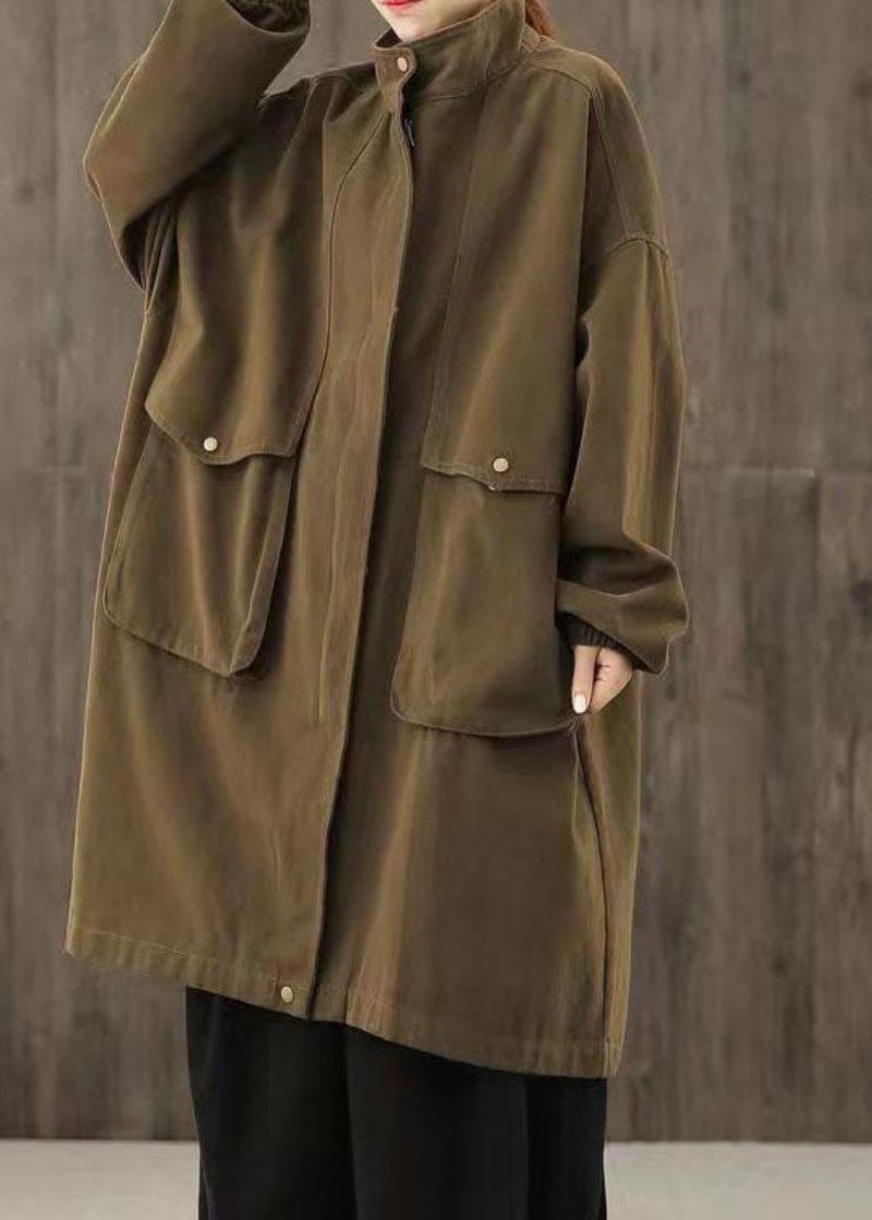 Handgemachte Schokoladenbraune Lässige Trenchcoats Mit Reißverschlusstaschen Und Patchwork-muster Für Den Herbst - Damen-Trenchcoats