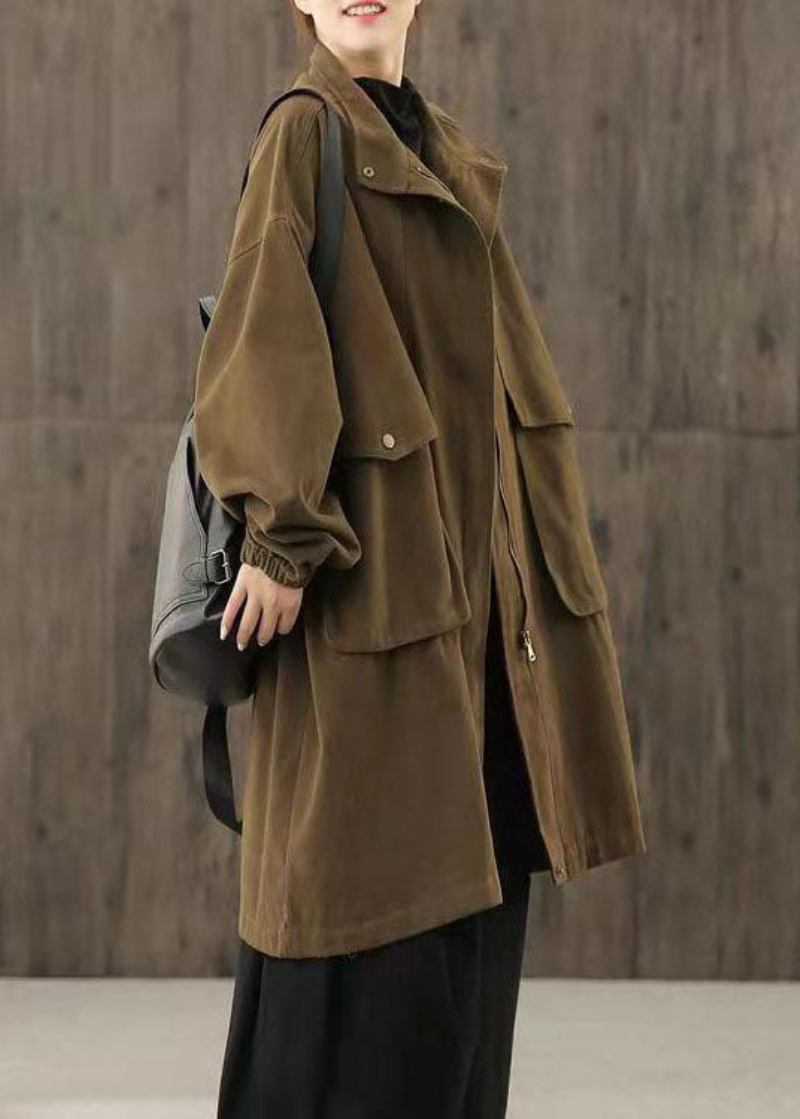 Handgemachte Schokoladenbraune Lässige Trenchcoats Mit Reißverschlusstaschen Und Patchwork-muster Für Den Herbst - Damen-Trenchcoats