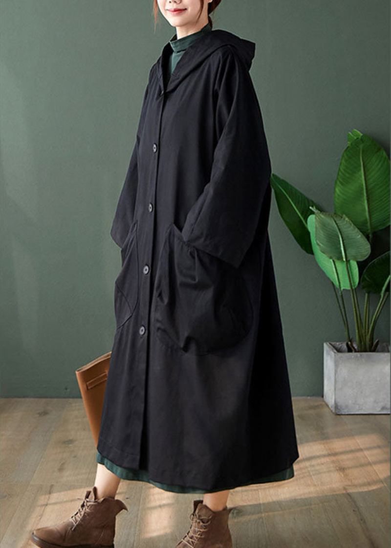 Handgemachte Schwarze Knopftaschen Lockerer Herbst Langarm Kapuzenmantel - Damen-Trenchcoats