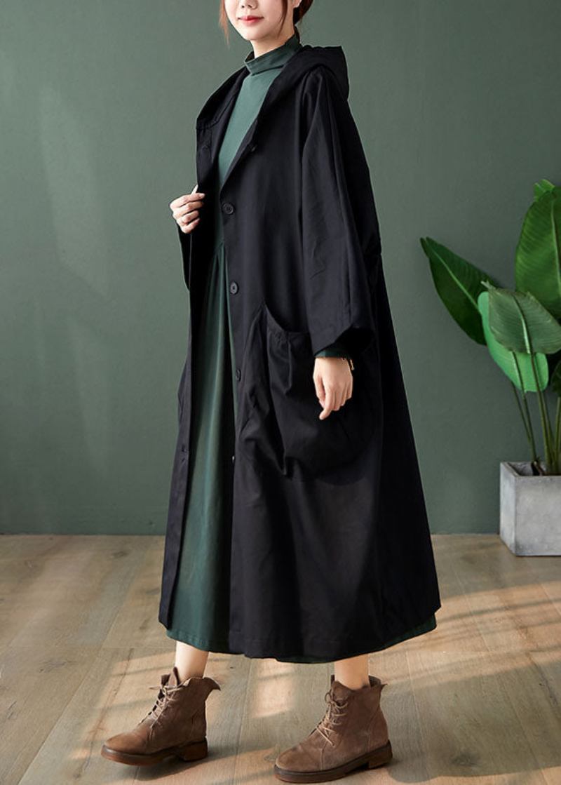 Handgemachte Schwarze Knopftaschen Lockerer Herbst Langarm Kapuzenmantel - Damen-Trenchcoats