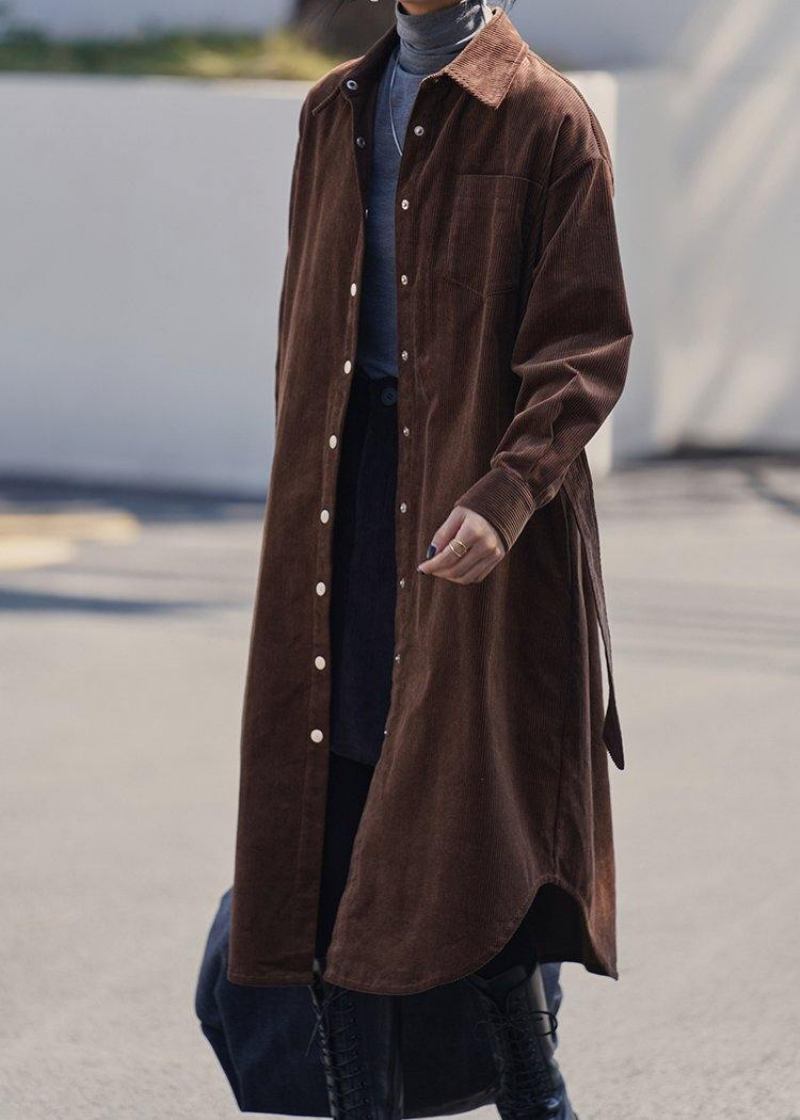 Handgemachter Revers Button Down Trenchcoat Schokolade Midi Mantel