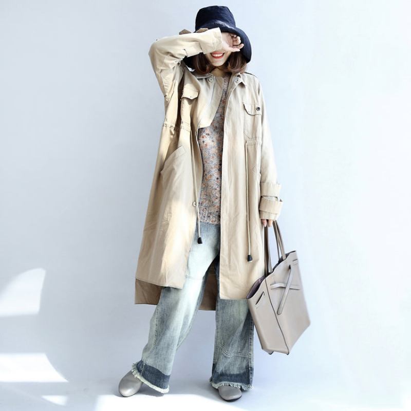 Herbst Beige Baumwolle Trenchcoat Krawatte Taille Lose Taschen Revers Parka