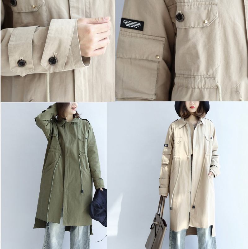 Herbst Beige Baumwolle Trenchcoat Krawatte Taille Lose Taschen Revers Parka - grün