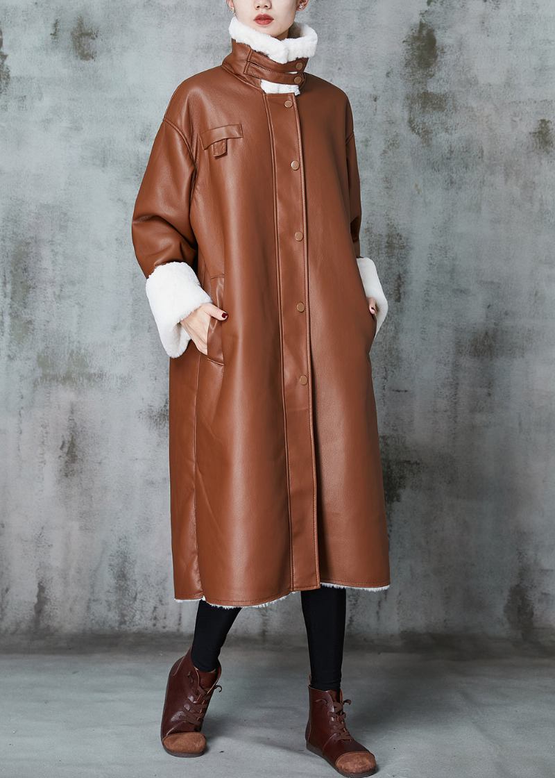 Italienische Braune Übergroße Warme Trenchcoats Aus Leder Und Pelz - Damen-Trenchcoats