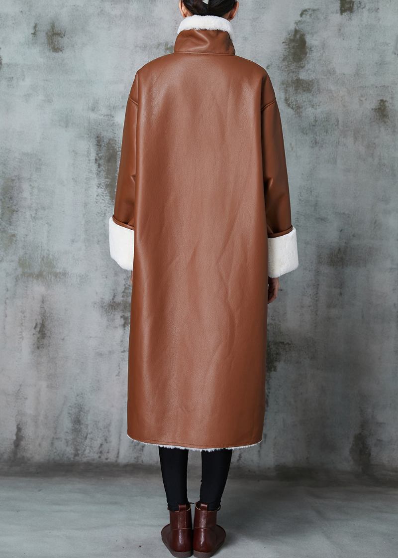 Italienische Braune Übergroße Warme Trenchcoats Aus Leder Und Pelz - Damen-Trenchcoats