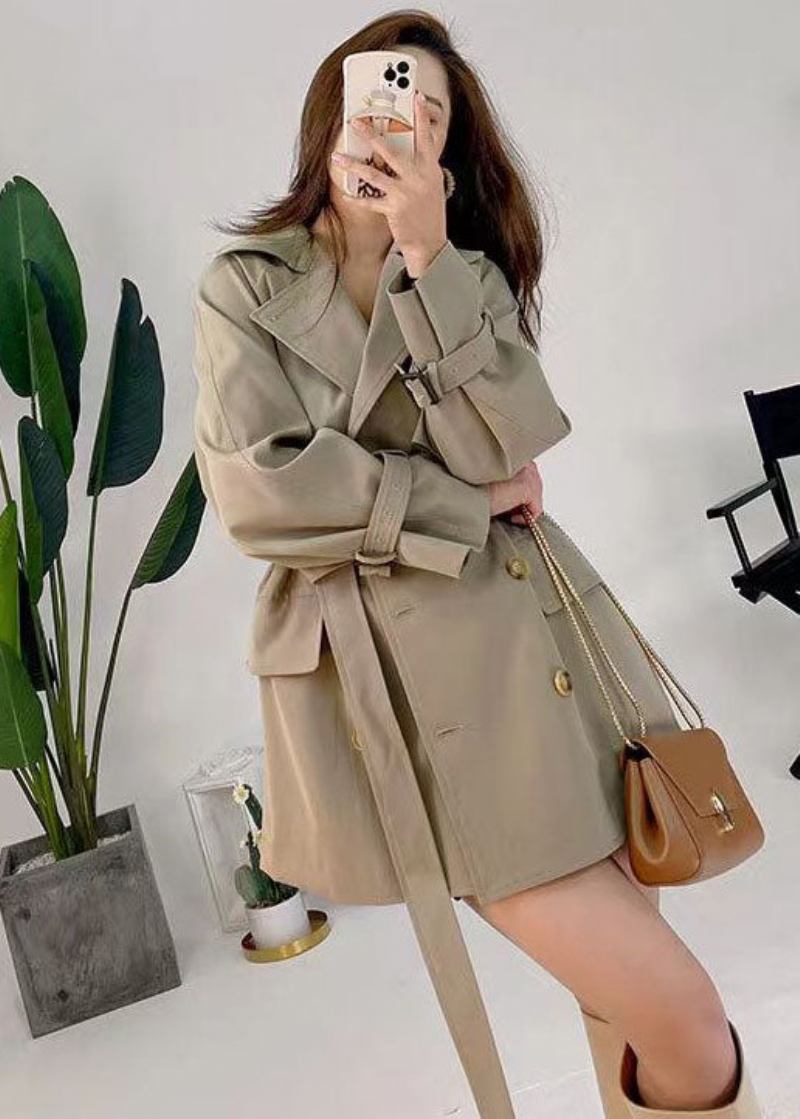 Italienische Khaki Peter Pan Kragen Zweireiher Schärpen Baumwolle Trenchcoat - Khaki