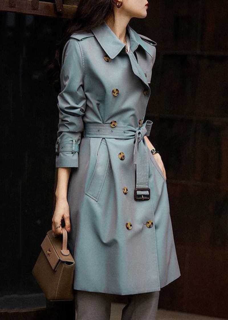 Italienischer Graublauer Trenchcoat Mit Knopfleiste Und Taillentaschen Aus Baumwolle Für Den Herbst - Damen-Trenchcoats