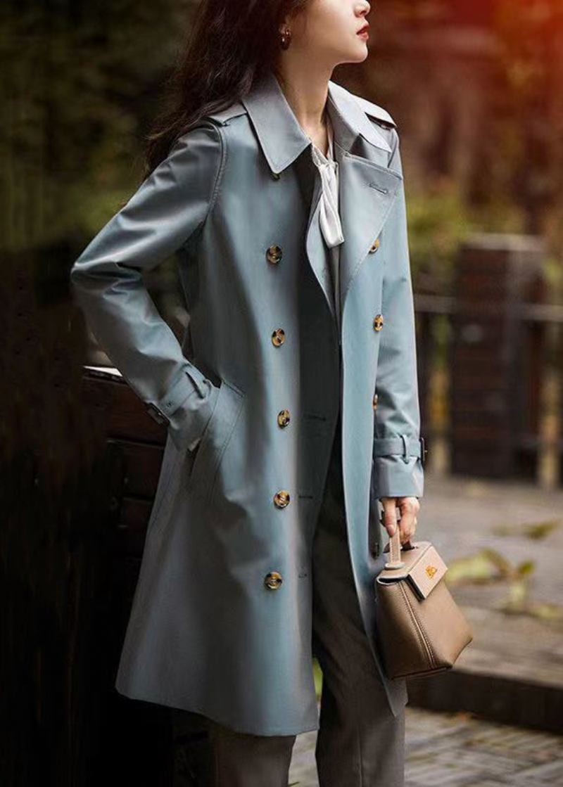 Italienischer Graublauer Trenchcoat Mit Knopfleiste Und Taillentaschen Aus Baumwolle Für Den Herbst - Damen-Trenchcoats