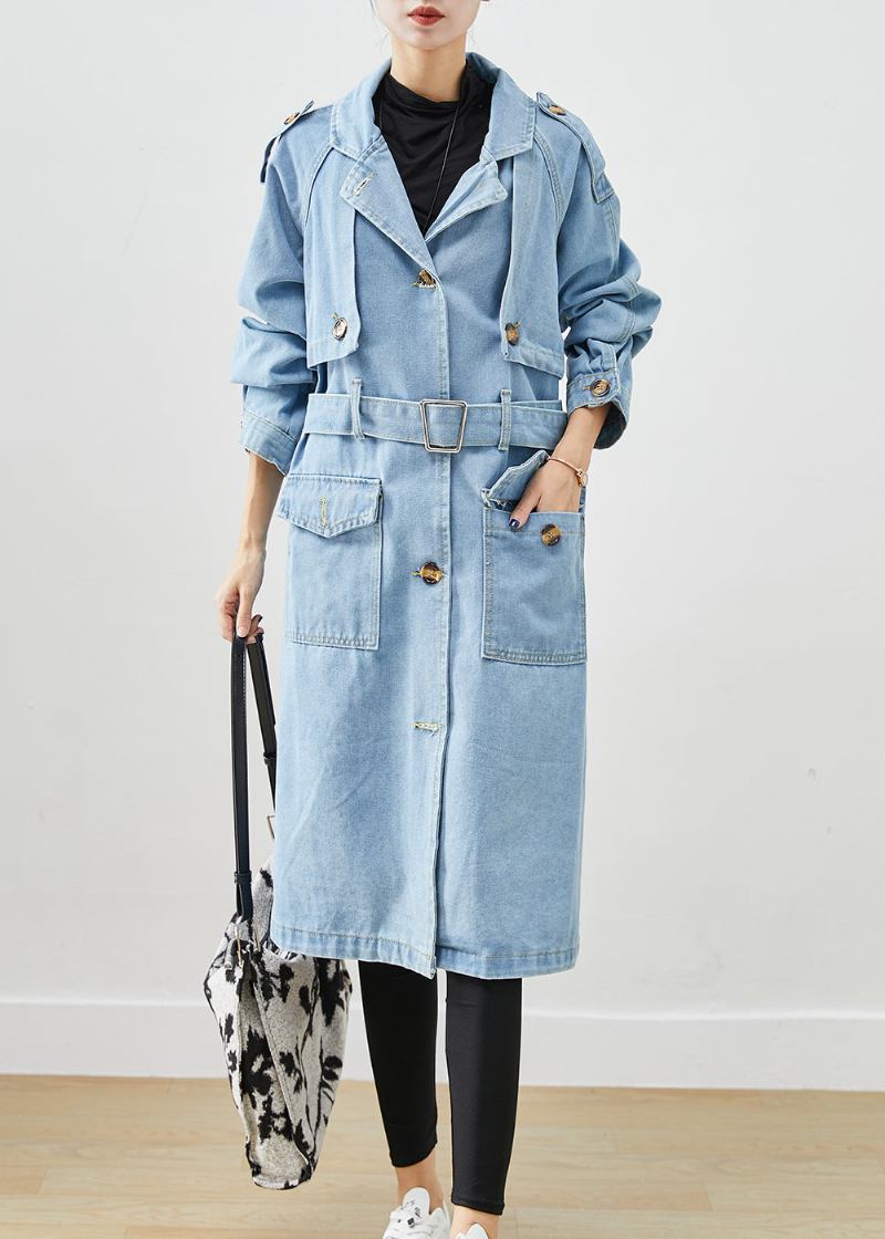 Italienischer Hellblauer Denim-trenchcoat Mit Gekerbter Taille Und Krawatte Für Den Herbst - Damen-Trenchcoats