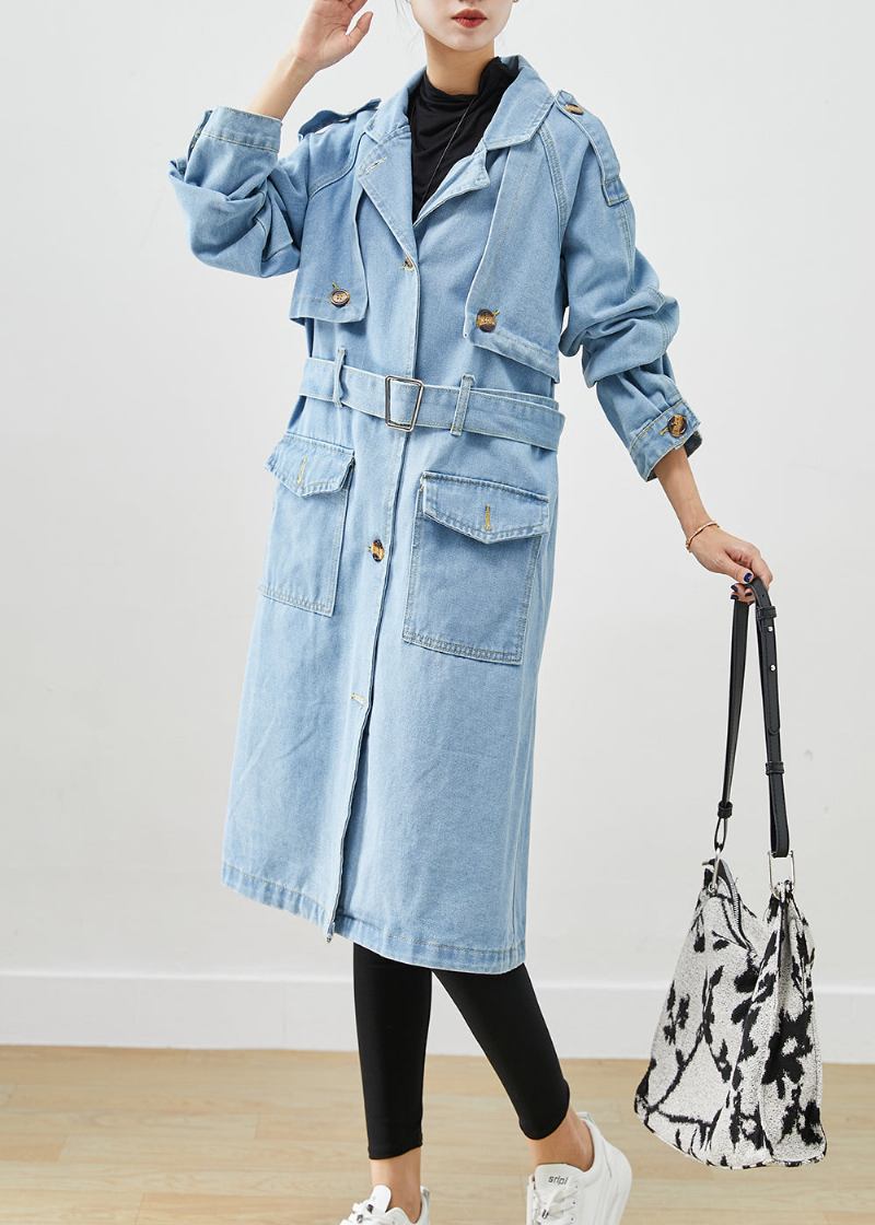 Italienischer Hellblauer Denim-trenchcoat Mit Gekerbter Taille Und Krawatte Für Den Herbst - Damen-Trenchcoats