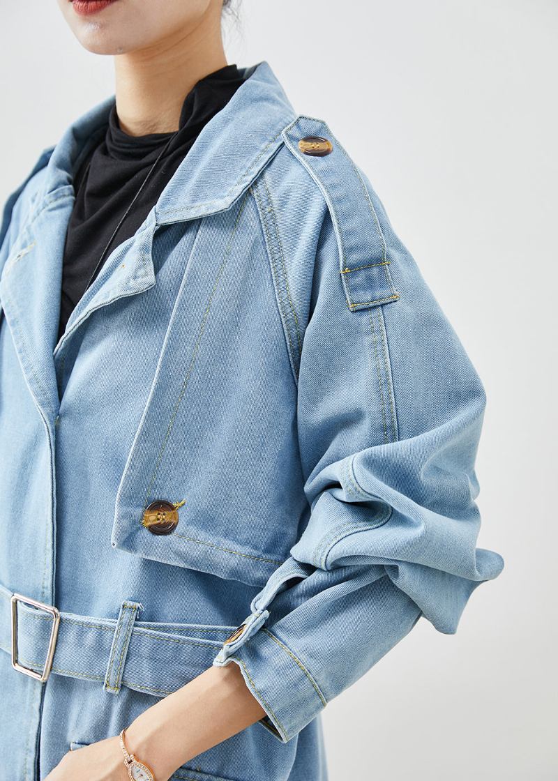 Italienischer Hellblauer Denim-trenchcoat Mit Gekerbter Taille Und Krawatte Für Den Herbst - Damen-Trenchcoats