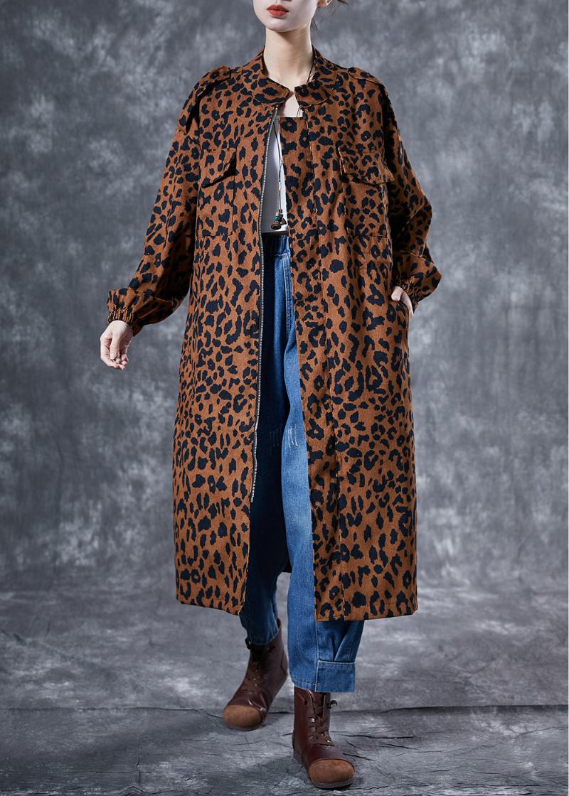 Italienischer Kaffee Übergroßer Trenchcoat Aus Baumwolle Mit Leopardenmuster Und Taschen Für Den Frühling