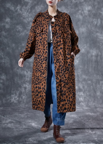 Italienischer Kaffee Übergroßer Trenchcoat Aus Baumwolle Mit Leopardenmuster Und Taschen Für Den Frühling