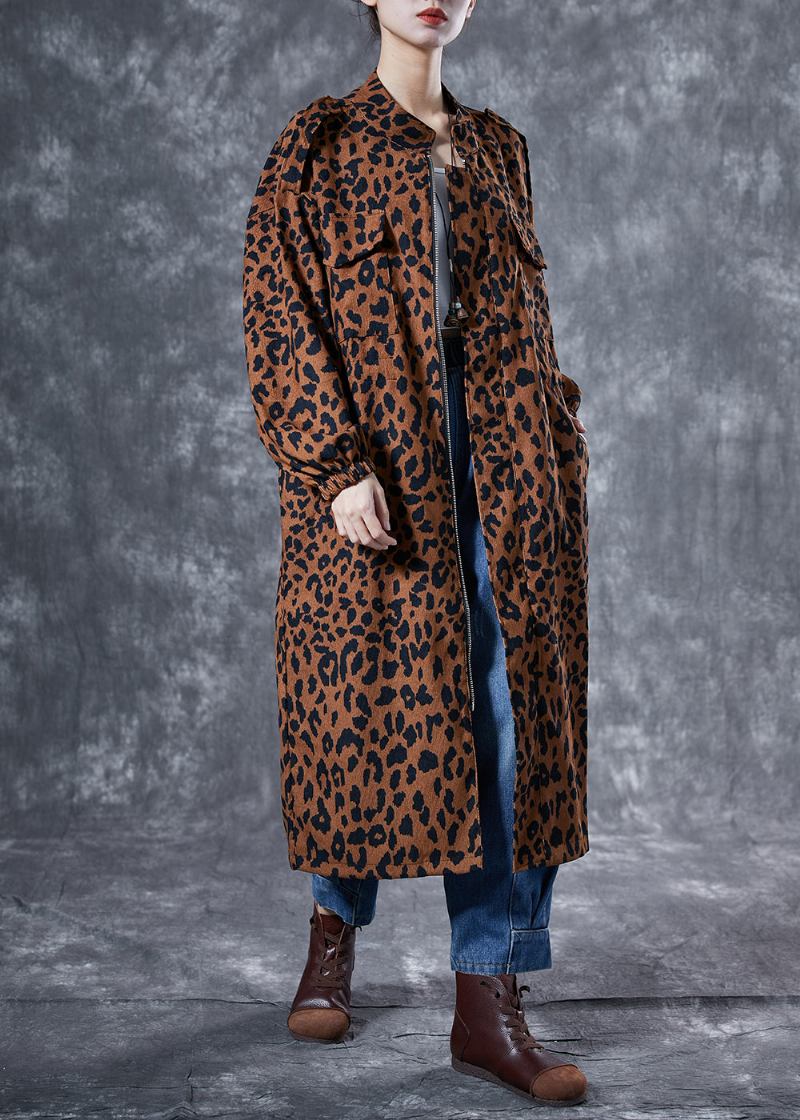 Italienischer Kaffee Übergroßer Trenchcoat Aus Baumwolle Mit Leopardenmuster Und Taschen Für Den Frühling - Damen-Trenchcoats