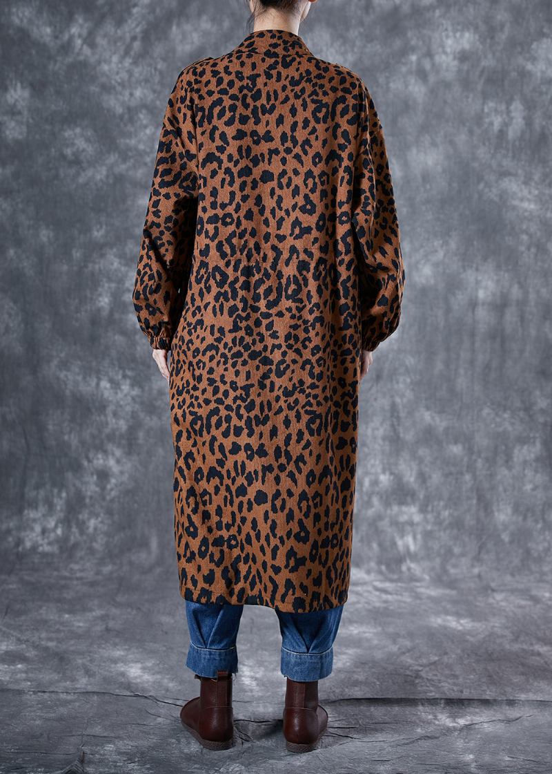 Italienischer Kaffee Übergroßer Trenchcoat Aus Baumwolle Mit Leopardenmuster Und Taschen Für Den Frühling - Damen-Trenchcoats