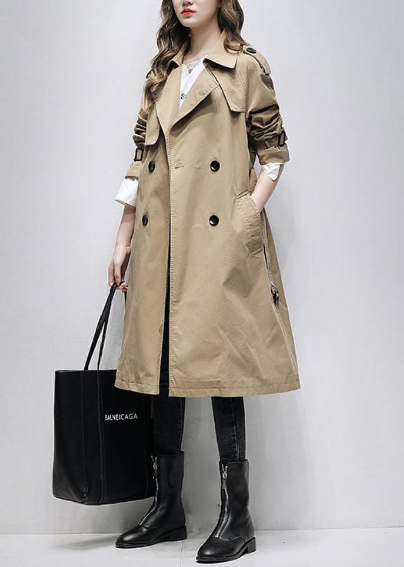 Italienischer Khakifarbener Trenchcoat Mit Zwei Brusttaschen Aus Baumwolle Für Den Frühling