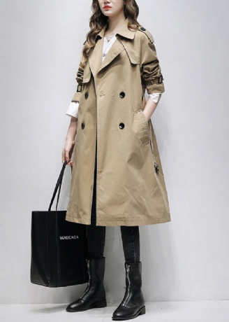 Italienischer Khakifarbener Trenchcoat Mit Zwei Brusttaschen Aus Baumwolle Für Den Frühling