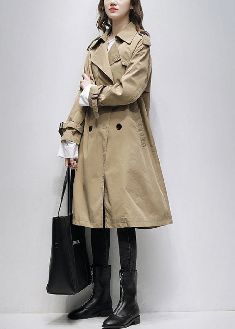 Italienischer Khakifarbener Trenchcoat Mit Zwei Brusttaschen Aus Baumwolle Für Den Frühling - Damen-Trenchcoats