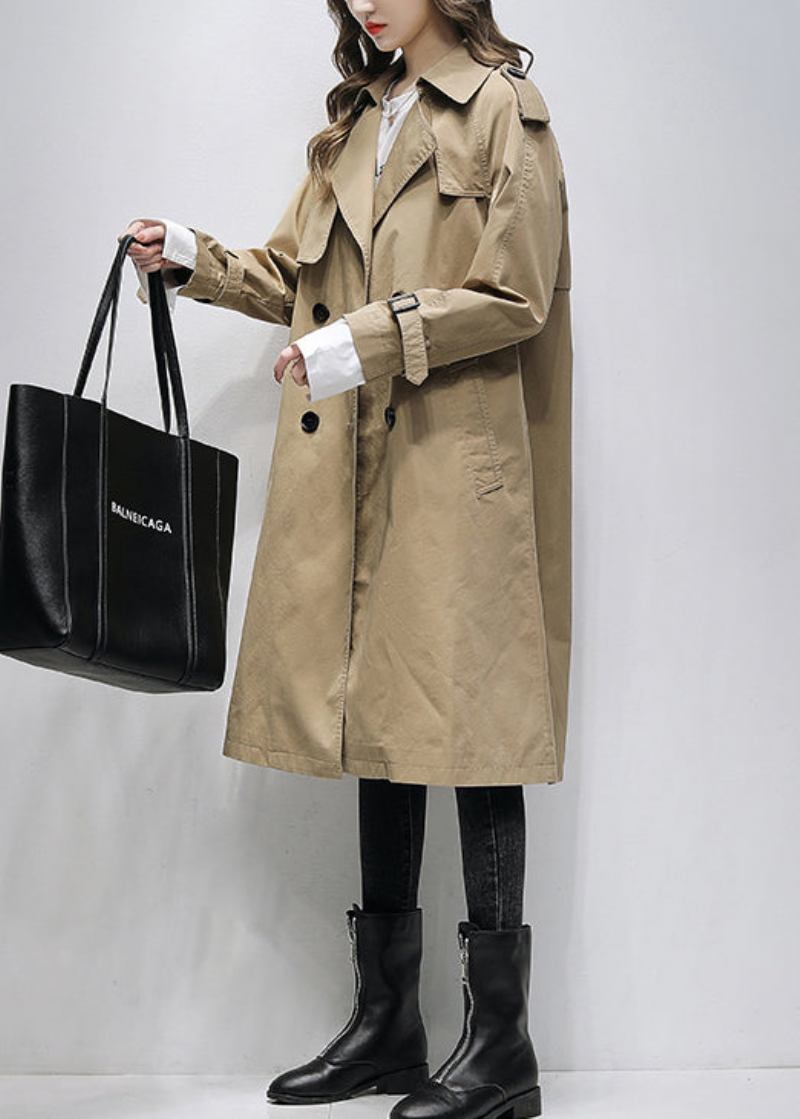 Italienischer Khakifarbener Trenchcoat Mit Zwei Brusttaschen Aus Baumwolle Für Den Frühling - Damen-Trenchcoats