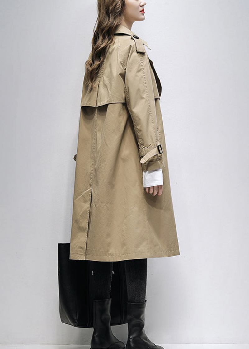 Italienischer Khakifarbener Trenchcoat Mit Zwei Brusttaschen Aus Baumwolle Für Den Frühling - Damen-Trenchcoats