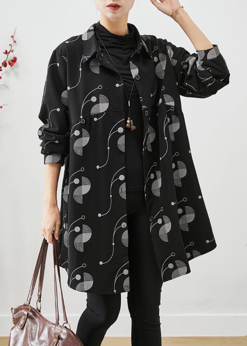 Italienischer Schwarzer Übergroßer Baumwoll-trenchcoat Mit Print