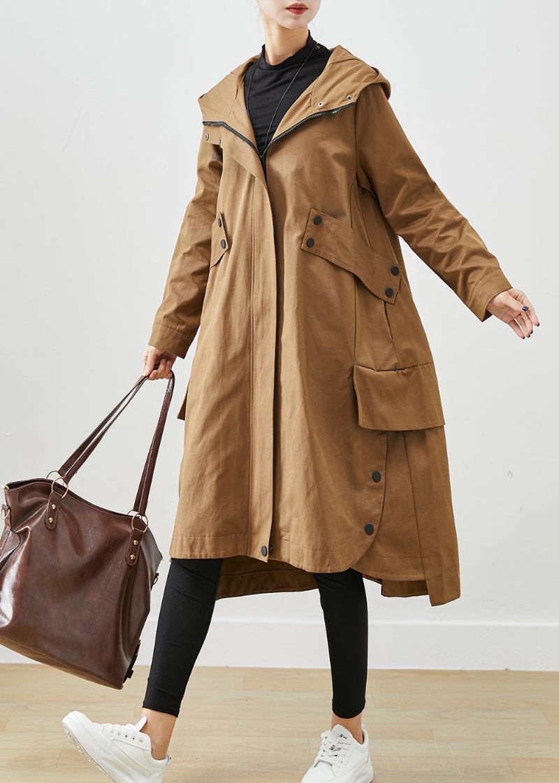 Kaffee Patchwork Baumwolle Trenchcoat Übergroße Taschen Herbst - Damen-Trenchcoats