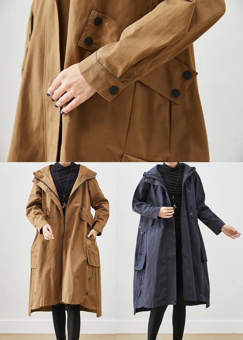 Kaffee Patchwork Baumwolle Trenchcoat Übergroße Taschen Herbst - Damen-Trenchcoats