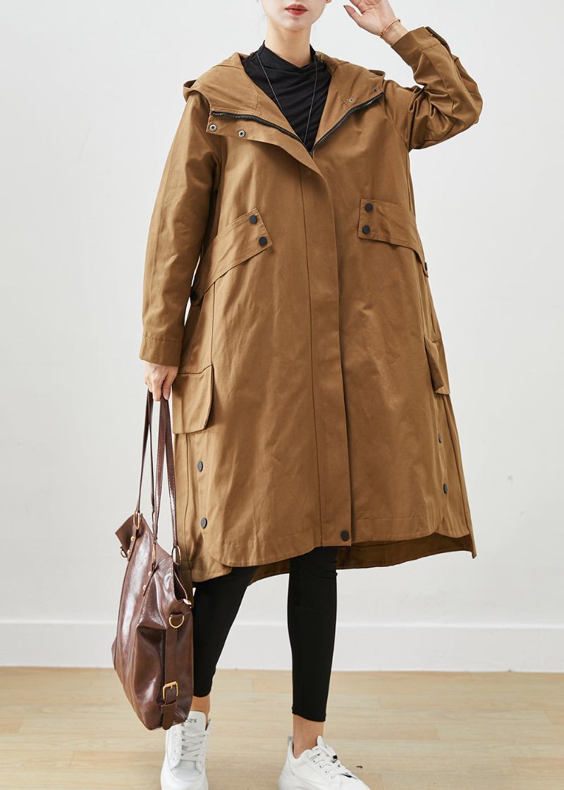 Kaffee Patchwork Baumwolle Trenchcoat Übergroße Taschen Herbst - Damen-Trenchcoats