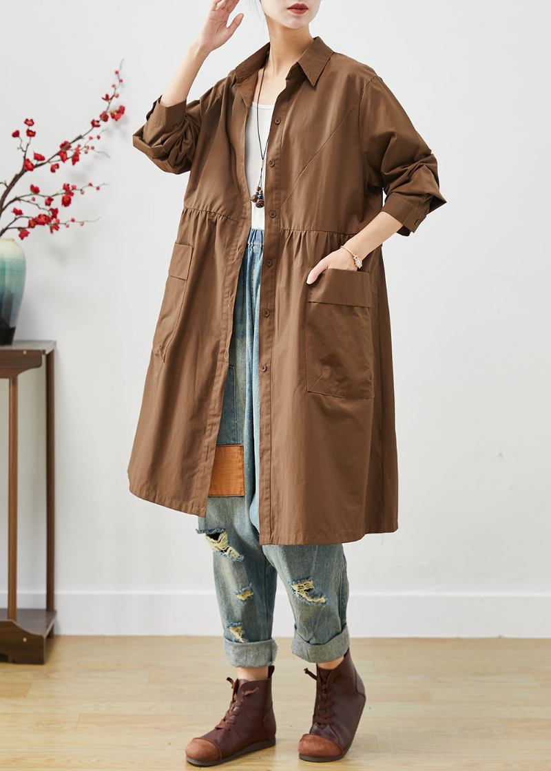 Kaffeefarbenes Patchwork-hemdkleid Aus Baumwolle Mit Übergroßen Taschen Frühling - Damen-Trenchcoats