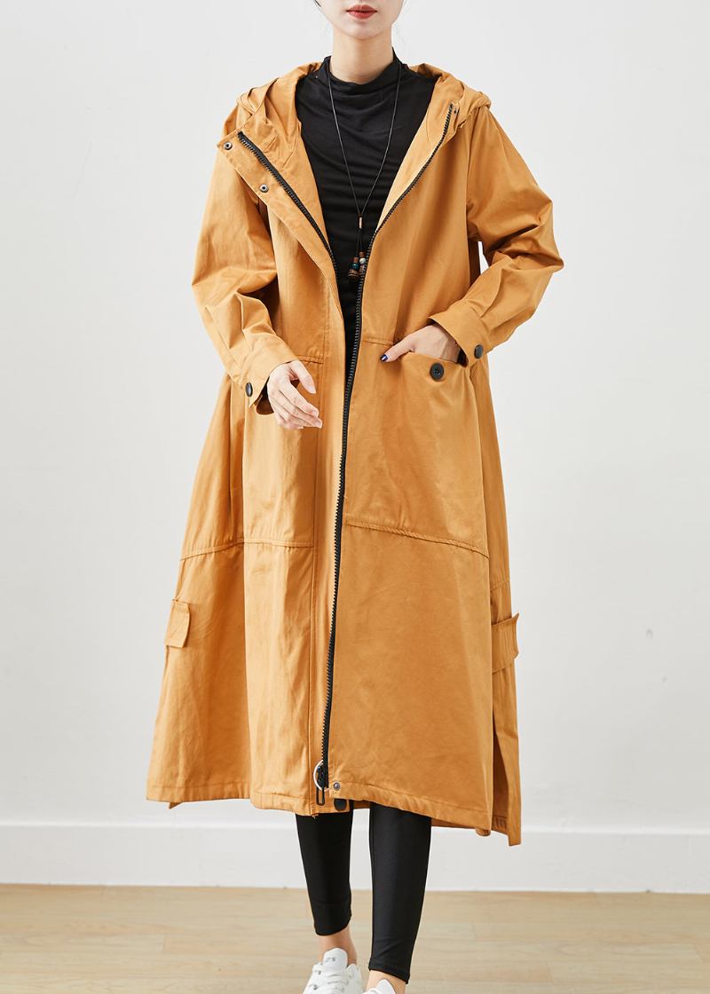 Khaki Lose Baumwolle Trenchcoats Mit Kapuze Taschen Herbst - Damen-Trenchcoats