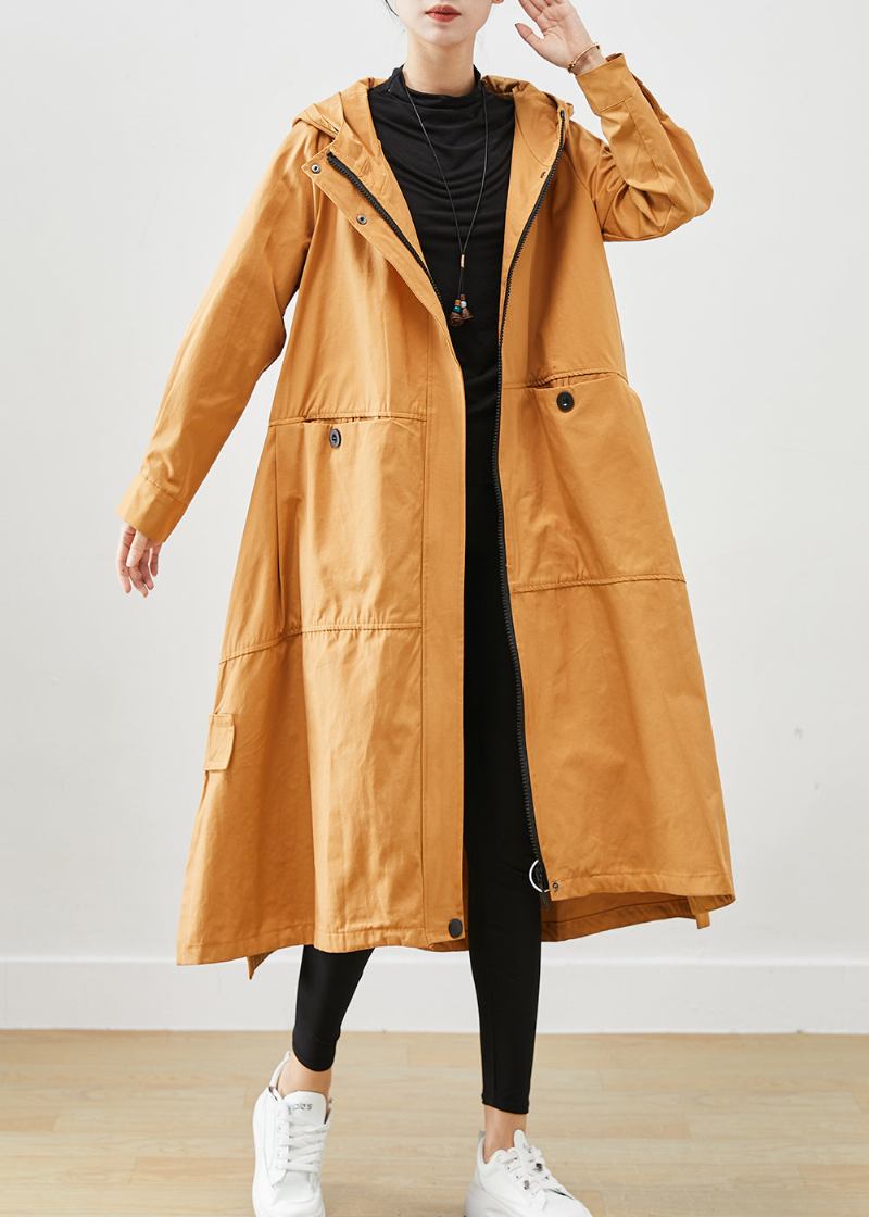 Khaki Lose Baumwolle Trenchcoats Mit Kapuze Taschen Herbst - Damen-Trenchcoats