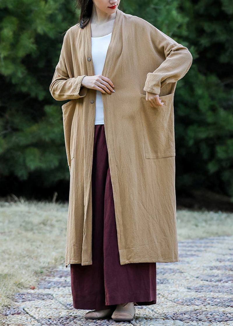 Khaki Seitlich Offen Patchwork Baumwolle Langen Mantel O Hals Langarm - Damen-Trenchcoats