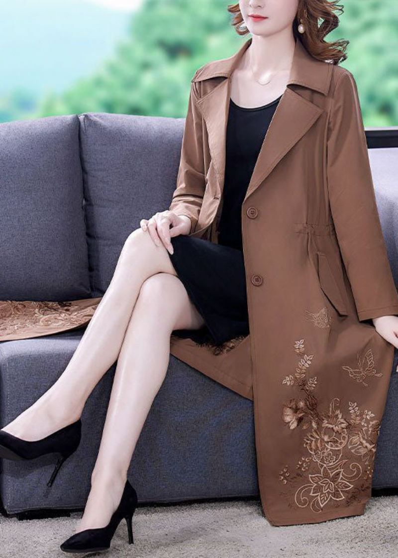 Khaki Solide Spandex Cinch Trenchcoat Revers Kragen Herbst