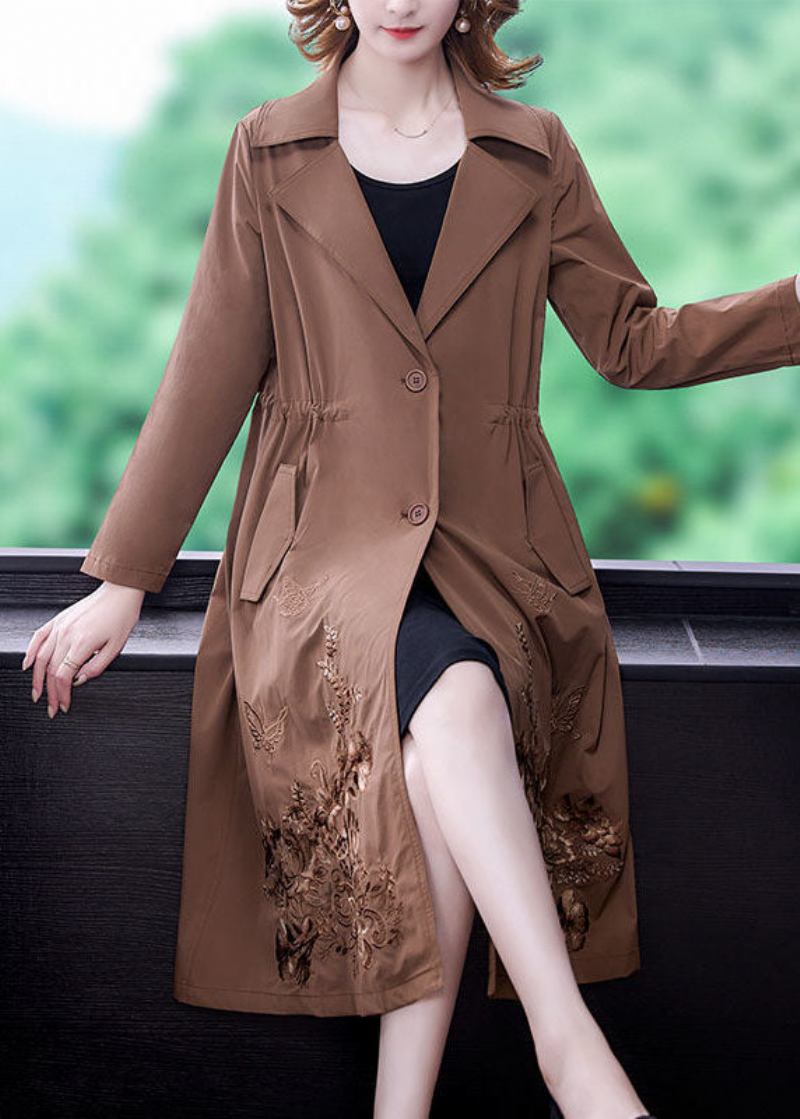 Khaki Solide Spandex Cinch Trenchcoat Revers Kragen Herbst - Khaki