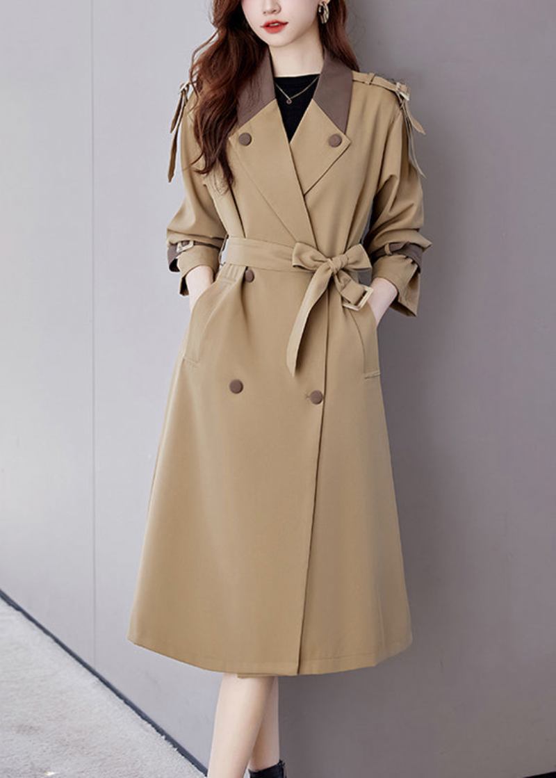 Khakifarbener Trenchcoat Aus Baumwolle Mit Patchwork-taschen Und Langen Ärmeln - Damen-Trenchcoats