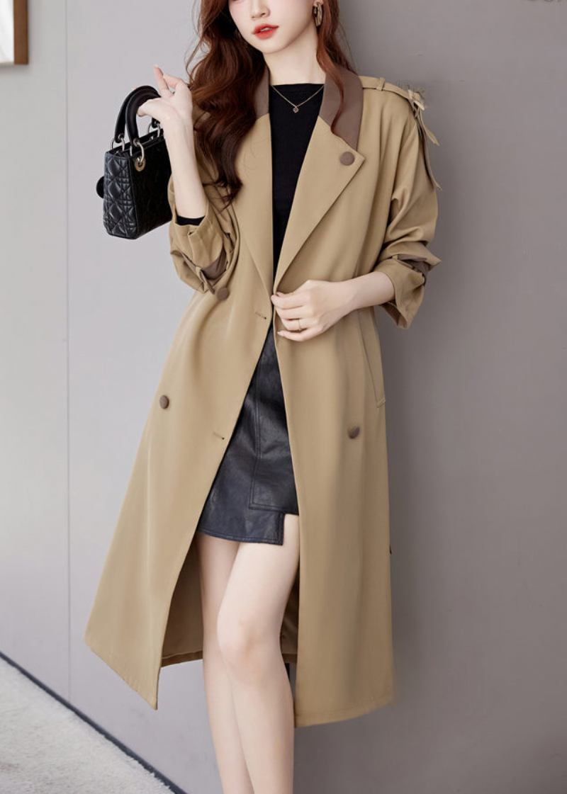 Khakifarbener Trenchcoat Aus Baumwolle Mit Patchwork-taschen Und Langen Ärmeln - Damen-Trenchcoats