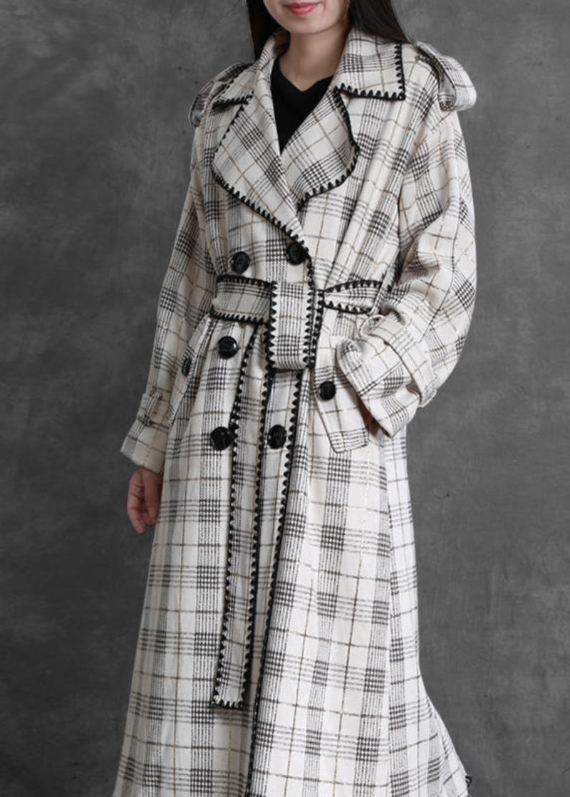 Kunst Weiß Karierten Feinen Trenchcoat Geschenke Gekerbt Zurück Seite Offen Outwears - Damen-Trenchcoats